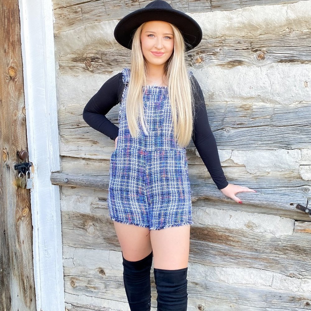 Anything but Subtle Tweed Short Overalls (Plaid Mu